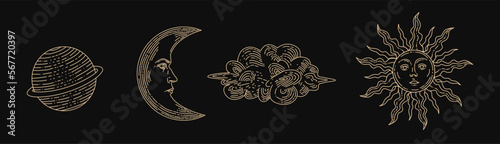 Set of linear vector illustrations. Hand drawn celestial illustrations featuring sun, moon, planet, clouds. design elements for decoration in a modern style. Drawings for social media posts, stories.