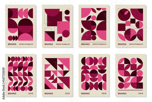 Set of 8 minimal vintage 20s geometric design posters, wall art, template, layout with primitive shapes. Bauhaus pink magenta retro pattern background, vector abstract circle, triangle and square