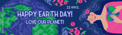World Earth Day. Environment protect. Ecology recycle horizontal banner. Save forest and ocean. International holiday. Environmental conservation. Vector doodle current illustration