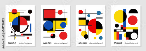 Set of 4 minimal vintage 20s geometric design posters, wall art, template, layout with primitive shapes elements. Bauhaus retro pattern background, vector abstract circle, triangle and square line art