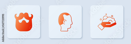 Set Baldness, Mustache and beard and Shaving foam on hand. White square button. Vector