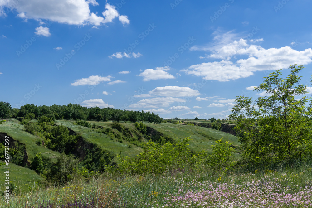 View ravine covered with greenery. Landscape valley with geological faults. Earthen mountains and bumps relief on against sky. Hill beam with protrusions and recesses. Grass and trees on slope canyon.