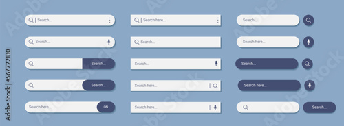Web search bar. Website box. Internet field for text. UI tab. Computer button link. WWW site browse. Online information find. Interface elements set. Vector illustration tidy template