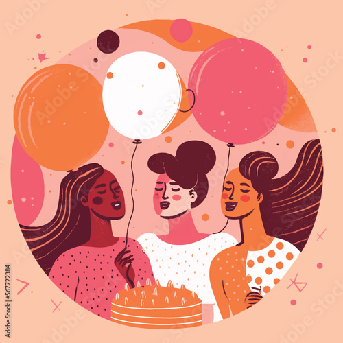 Illustration of three female friends celebrating their birthday with cake and balloons.