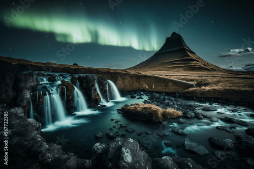 Stunning vista of Kirkjufellsfoss waterfall against the backdrop of the iconic mountain in a aurora boreal night, a iconic landmark of Iceland ai generative