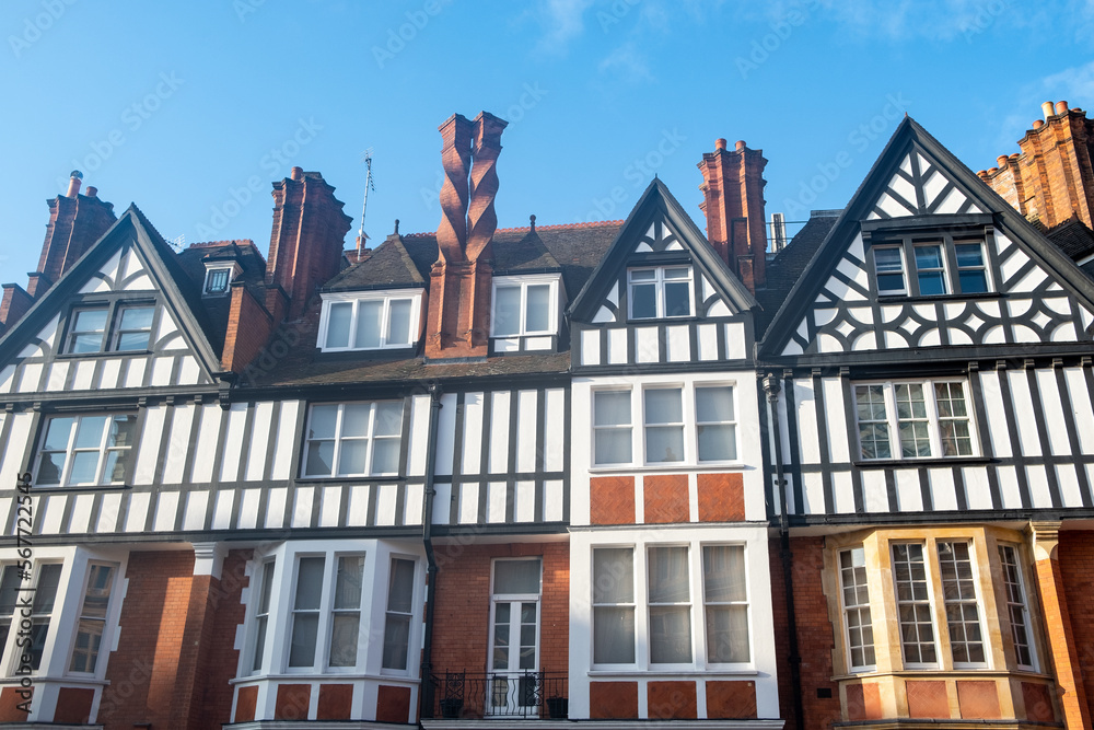 Fototapeta premium Knightsbridge, London- Mock Tudor upmarket luxury townhouses in Knightsbridge area of central West London