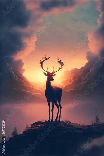 The King of the Forest: A Majestic Deer Silhouetted against the Mountain Top - AI Generative
