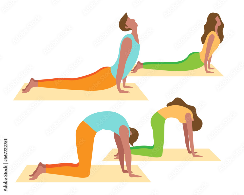 Big isolated cartoon style happy young men and woman doing yoga activity in side home for stay healthy, flat vector illustration