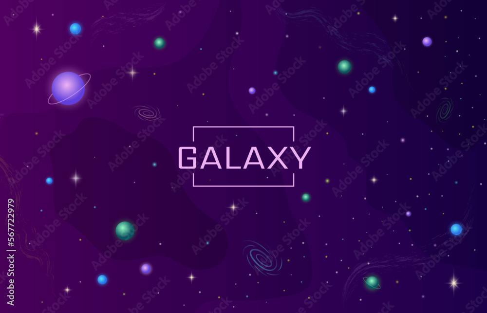 Space universe. Stars and planets in galaxy. Purple and blue sky. Modern presentation for astrology. Astronomy science. Interstellar exploration background. Vector utter illustration