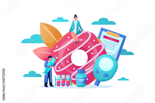 World sugar diet day infographic. Diabetes patient care. Insulin blood analysis. Doctor controls sweets. People and big donut. International holiday. Vector illustration recent concept