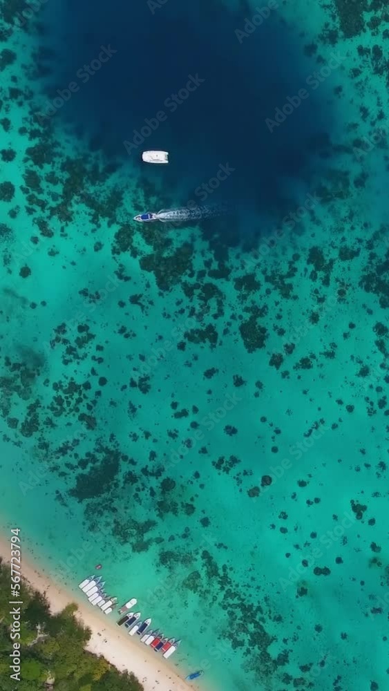 Aerial top view of beauty nature landscape with beach, corals and sea on tropical Koh Rok island, Thailand. Vertical video Aerial top view of beauty nature landscape with beach, corals and sea on tropical Koh Rok island, Thailand. Vertical video