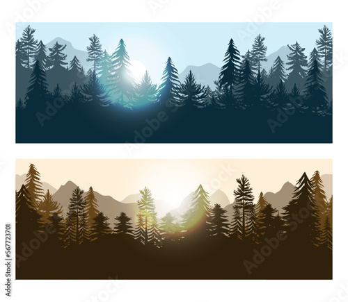 Forest woods background, mountain silhouette, sunny scene. Fir tree and hills landscape, vintage woodcut, green pine or oak canopy. Coniferous plants panorama. Vector outline garish design