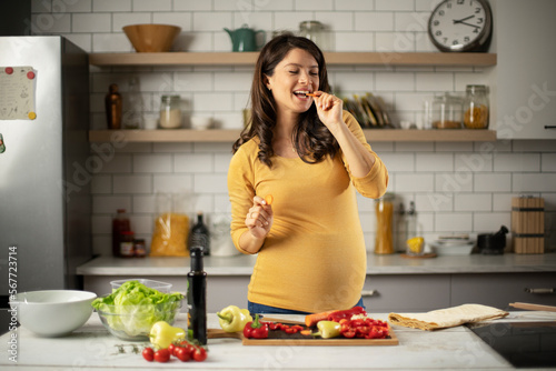 Beautiful pregnant woman preparing delicious food. Smiling woman having fun while cooking at home.