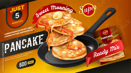 Delicious pancake food, waffle ad. Flying box of honey and snacks, fruit brunch, realistic strawberry dessert in frying pan. Packaging product 3d elements. Vector advertising exact template