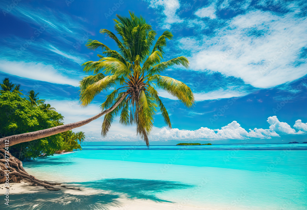 Holiday Travel Background with White Sandy Beach and Palm Trees (Generative AI)