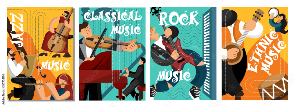 Music performance. Nature jazz dance party. Summer festival. Autumn or spring concert. Singers and musicians instruments. Live band show. Orchestra current posters. Vector banners set