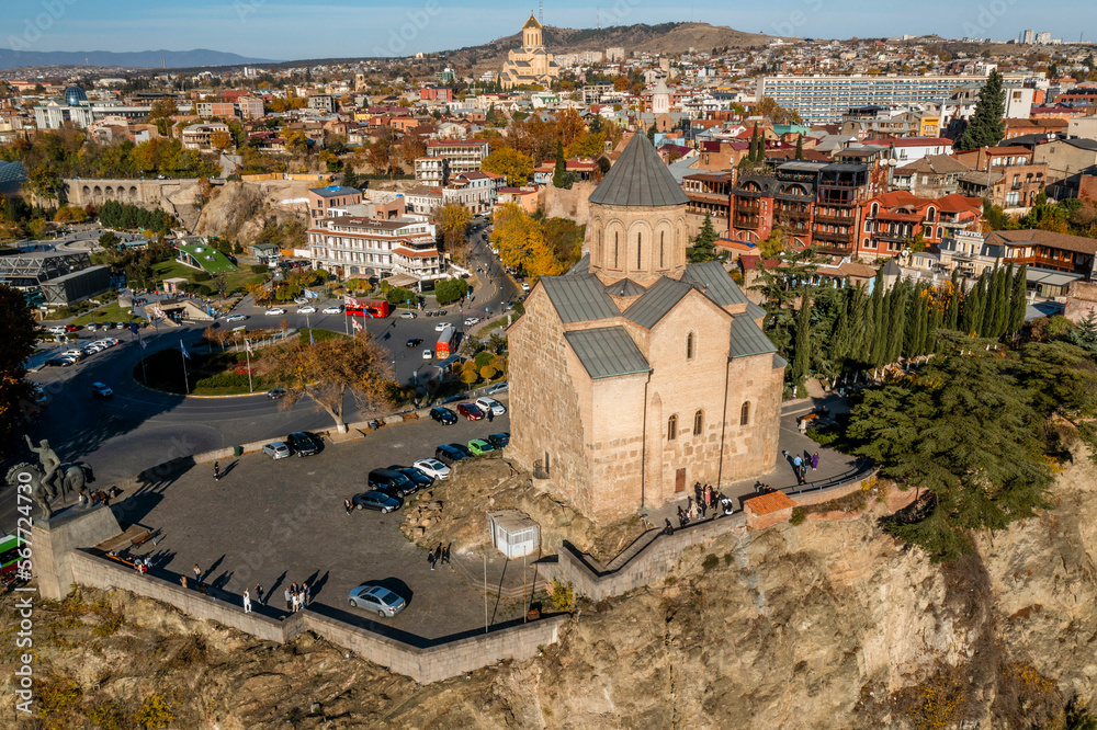 Aerial view of the Metekhi Church and Rike Park in Tbilisi, Georgia.