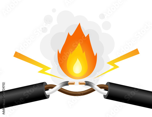 Electric wire fire. Flame and sparks. Hazard electricity wiring. Broken cable equipment. Faulty circuit. Shock accident at home. Overloaded cords. Vector illustration utter concept