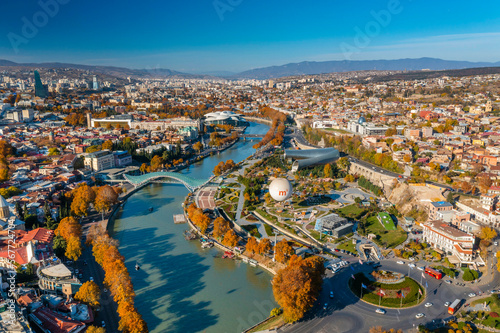 Aerial view of city centre, Kura (Mtkvari) river and Rike Park in Tbilisi, Georgia.