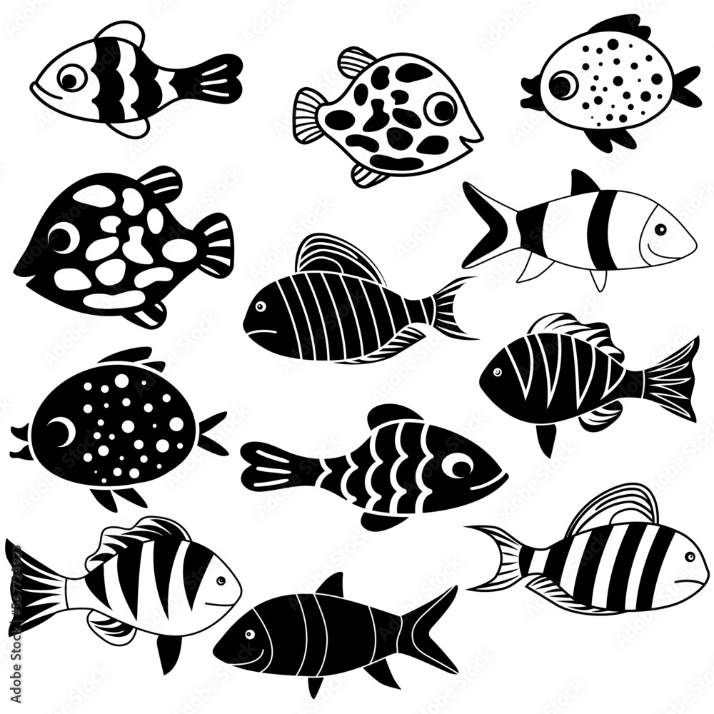 Fish icon vector set. Aquarium illustration sign collection. Ocean symbol. Funny fish logo. Fish icon vector set. Aquarium illustration sign collection. Ocean symbol. Funny fish logo.