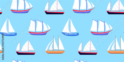 Sail boat, marine nautical boat pattern. Sailboat ship in ocean or sea, water regatta, summer nature. colorful childish print, decor textile, wrapping paper. Vector seamless recent elements