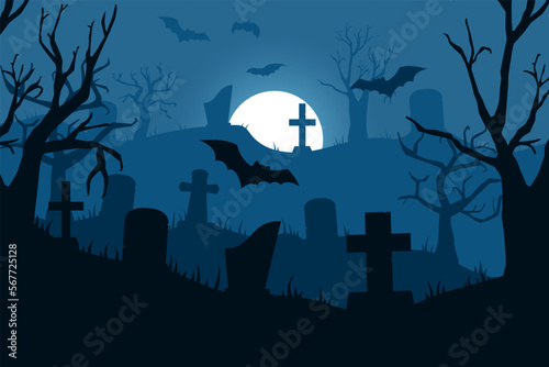 Spooky graveyard background. Halloween night. Comic and creepy hills with pumpkins. Scary landscape. Cemetery tombstones. Flying bats. Tree silhouettes. Vector cartoon garish illustration