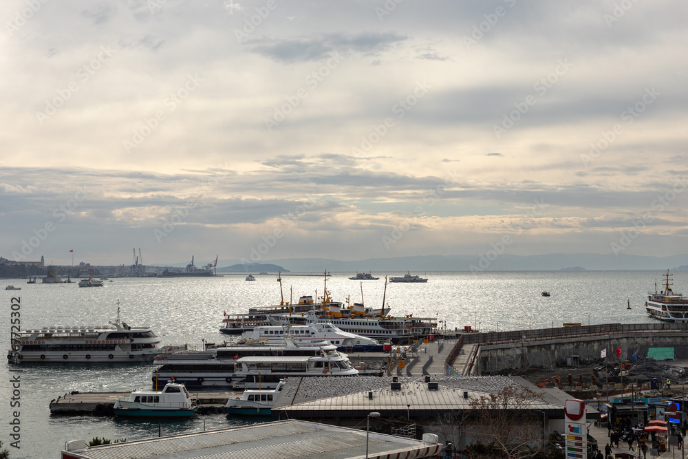 Ferry boats near pier on the Bosphorus.
