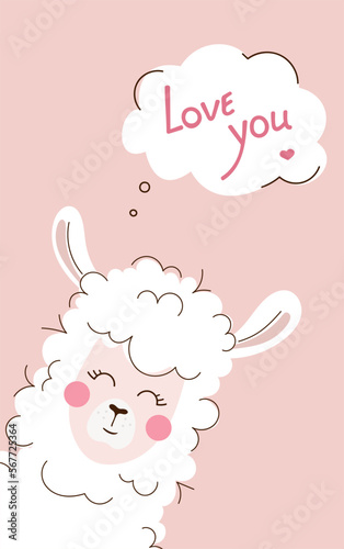 Cute lama for valentine's day. Inscription I Love you . Vector illustration of cartoon funny animal on a pink background