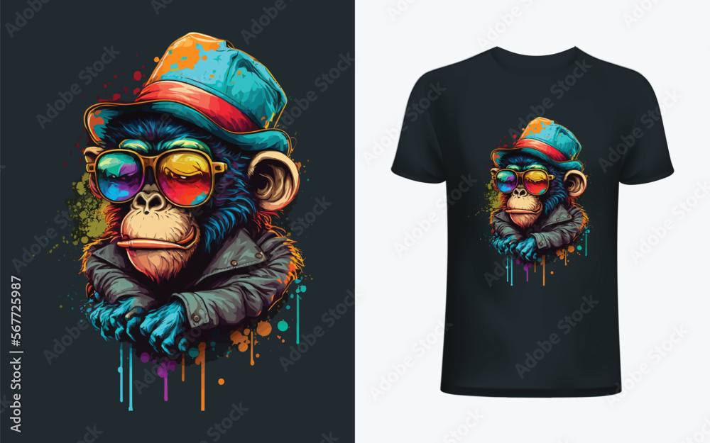 Colourful Monkey wearing a cap and sunglasses. Vector illustration for ...