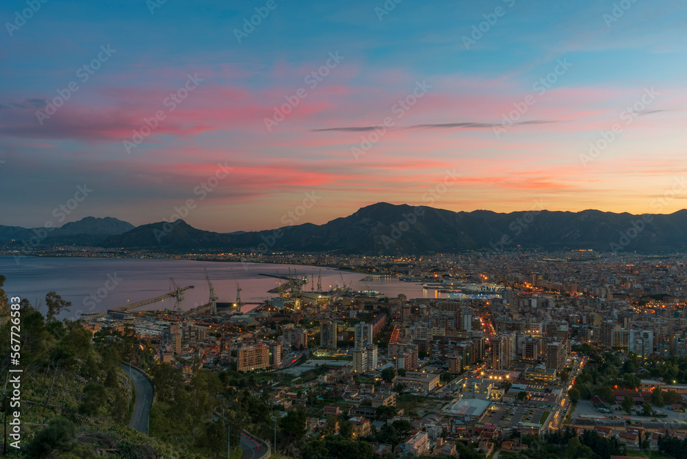 Panoramic view from Pellegrino mount on Palermo city at dusk, Sicily	