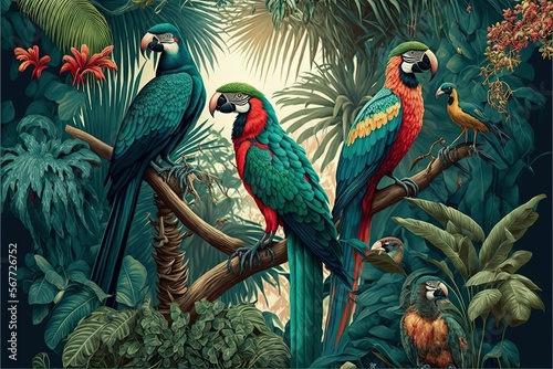 Tropical forest with beauriful colorful parrots , exotic fauna. Generative Ai photo