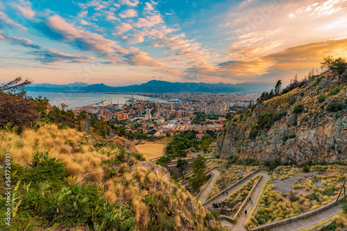 Panoramic view from Pellegrino mount on Palermo city at dusk, Sicily	