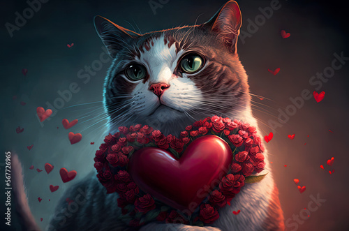 Adorable fluffy cat with a red heart on its fur. Perfect for Valentine's Day or any cat lover!  Generative AI photo