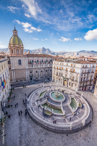 Pretoria square and fountain seen from above, city of Palermo IT