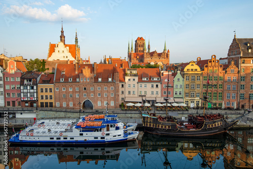 Gdansk with beautiful old town over Motlawa river at sunrise, Poland
