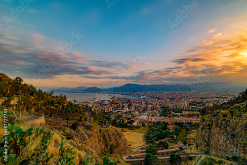 Panoramic view from Pellegrino mount on Palermo city at dusk, Sicily 