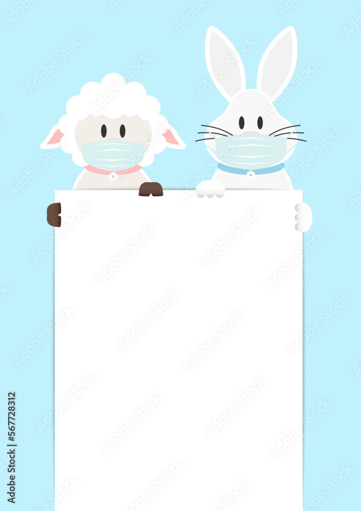 Obraz premium Schaf & Weißer Osterhase Maske Halten Großes Schild Himmel