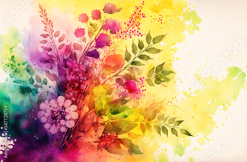 Watercolor floral background with copyspace for text Multicolored flowers drawing. Botanical wallpaper design for spring and summer. Generative AI.