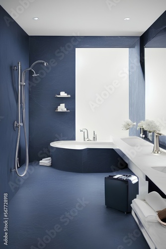 Luxury modern style faucet mixer on a white round sink in beautiful dark blue interior bathroom - generative ai
