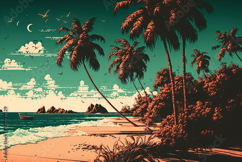 Tropical beach. Retro color style. Travel vacation concept. Generative AI