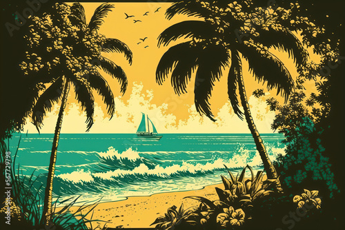 Tropical beach. Retro color style. Travel vacation concept. Generative AI