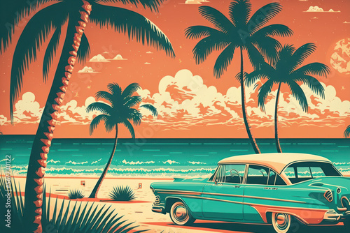 Tropical beach. Retro color style. Travel vacation concept. Generative AI © tonktiti