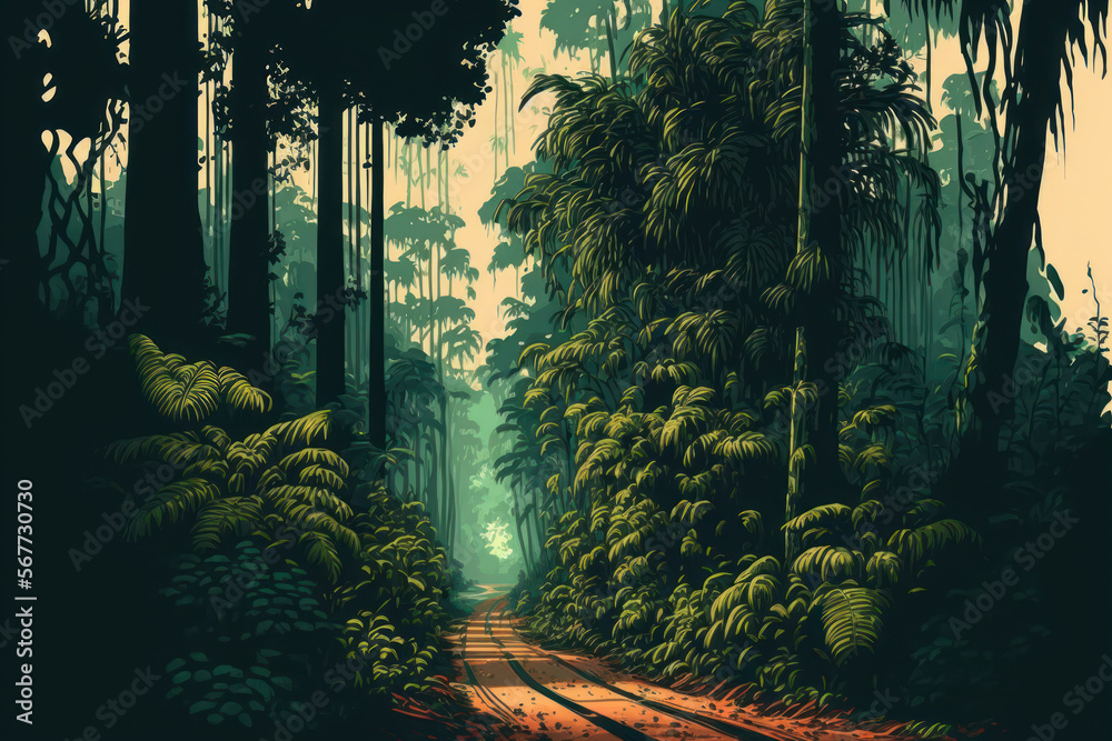 Naklejka premium Road to forest. Retro tone color style. Travel vacation concept. Generative AI.