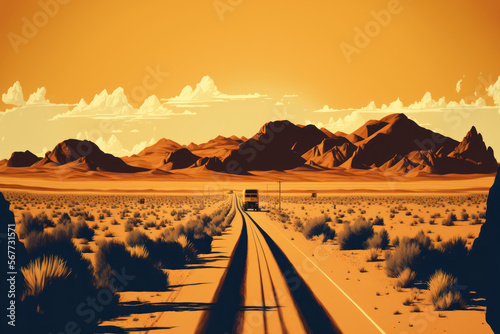 Road to country. Retro tone color style. Travel vacation concept. Generative AI.
