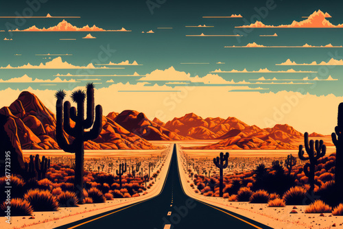 Road to country. Retro tone color style. Travel vacation concept. Generative AI.