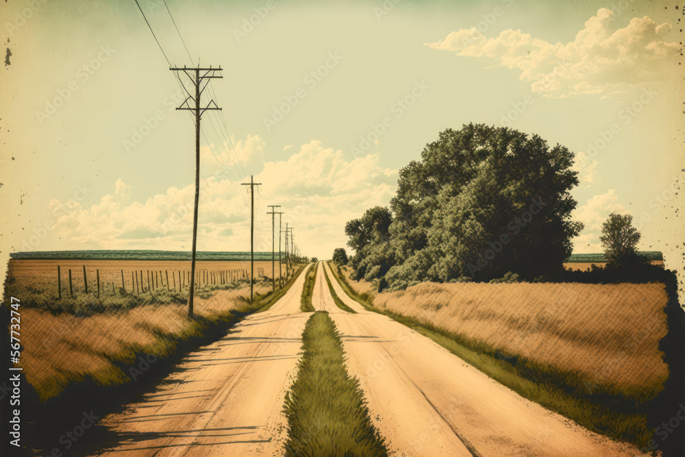 Road to country. Retro tone color style. Travel vacation concept. Generative AI