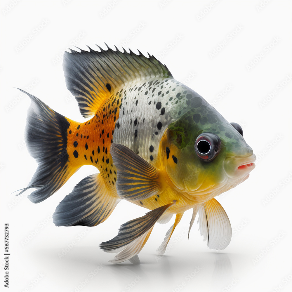 Schwimmender Fisch auf weißem Hintergrund isoliert (erstellt durch KI-Tool) Schwimmender Fisch auf weißem Hintergrund isoliert (erstellt durch KI-Tool)