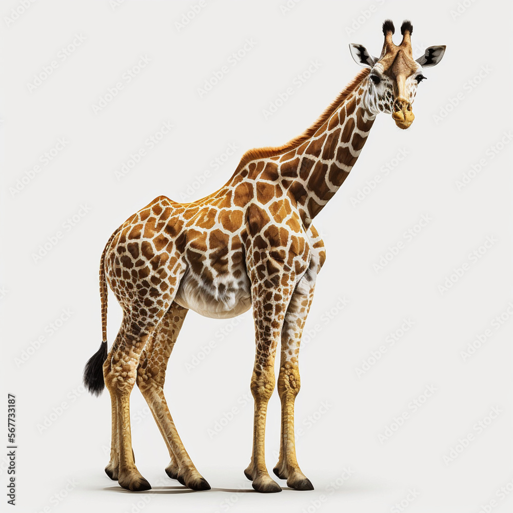Große Giraffe auf weißem Hintergrund isoliert (erstellt durch KI-Tool)
