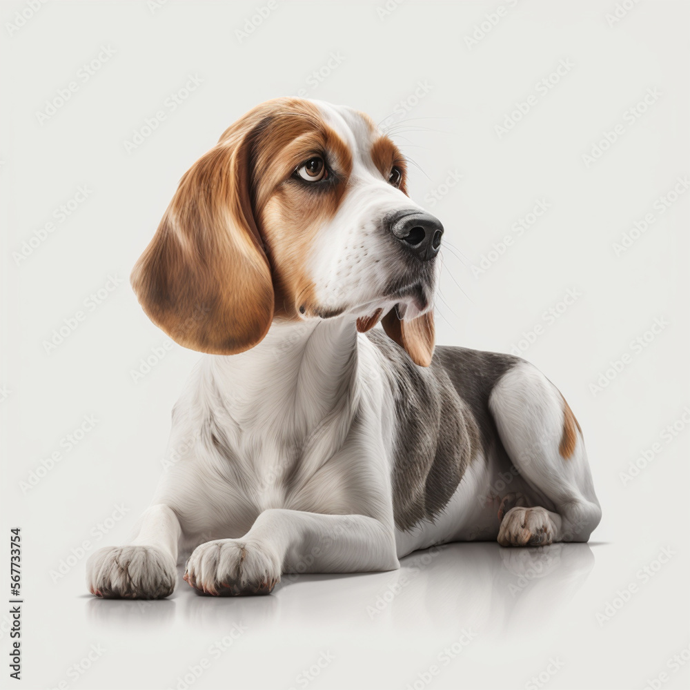 Liegender Hund auf weißem Hintergrund isoliert (erstellt durch KI-Tool) Liegender Hund auf weißem Hintergrund isoliert (erstellt durch KI-Tool)