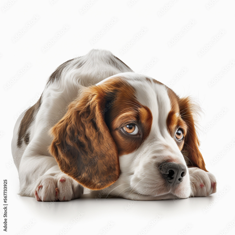 Liegender Hund auf weißem Hintergrund isoliert (erstellt durch KI-Tool)